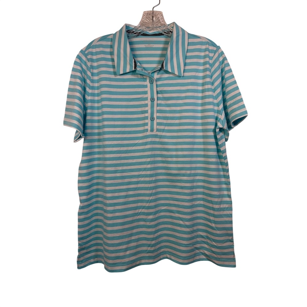 Lands End Womens Turquoise White Striped Supima Cotton Polo Shirt Large 14-16